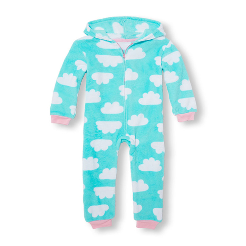 Girls Long Sleeve Cloud Print Cozy Hooded One-Piece Sleeper