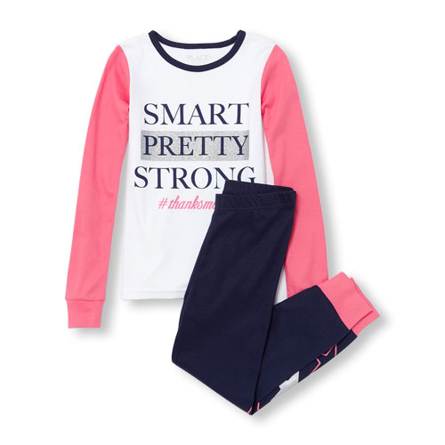 Girls Long Sleeve Glitter 'Smart Pretty Strong Thanks Mom' Top And Star Pants PJ Set