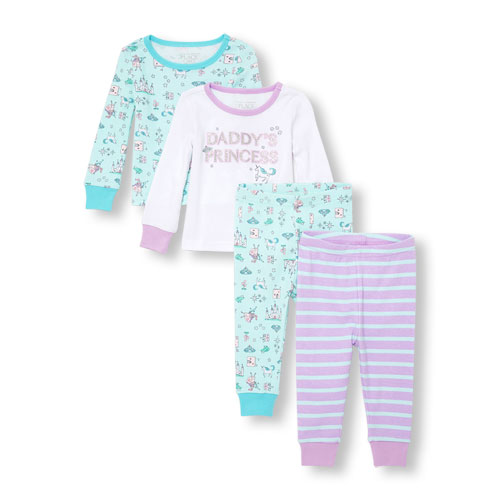 Baby And Toddler Girls Long Sleeve Glitter 'Daddy's Princess' Unicorn Tops And Pants 4-Piece PJ Set