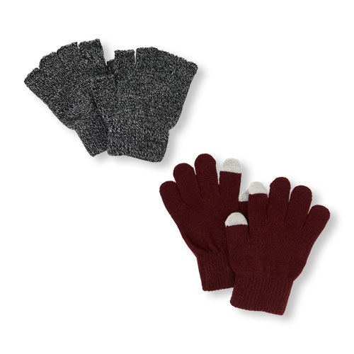 Boys Marled Fingerless And Solid Texting Gloves 2-Pack