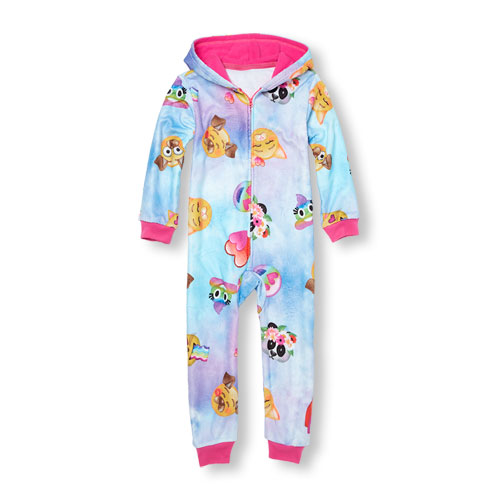 Girls Long Sleeve Emoji Print Glacier Fleece Hooded One-Piece Sleeper