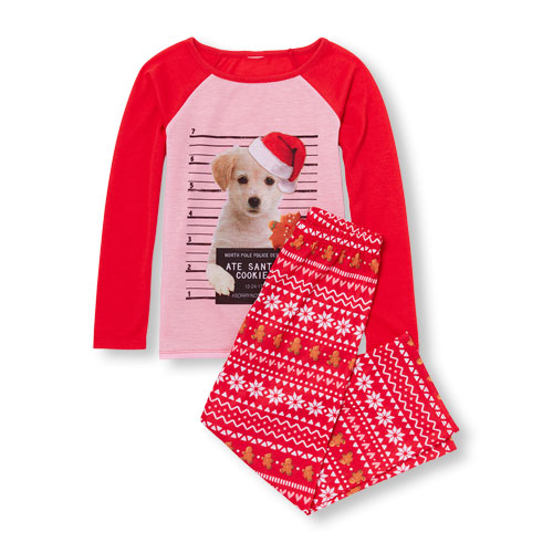 Girls Long Raglan Sleeve Top Holiday Puppy Mugshot And Holiday Fair Isle Print Pant PJ Set