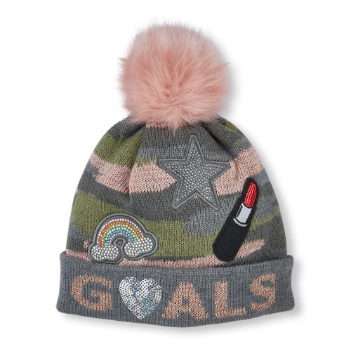 Girls Embellished Patch 'Goals' Camo Pom Pom Beanie