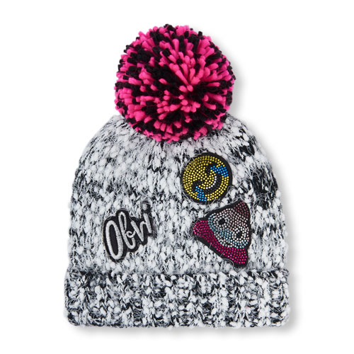 Girls Embellished Patch Pom Pom Fuzzy Beanie