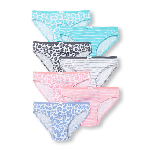 Girls Leopard Print And Striped Bikini Briefs 7-Pack