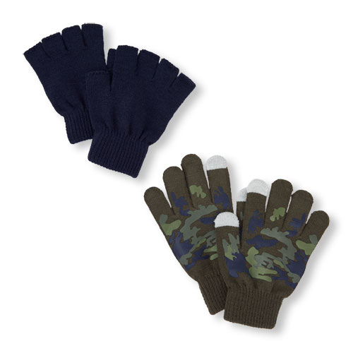Boys Camo Printed Texting And Solid Fingerless Gloves 2-Pack