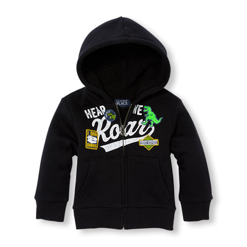 Toddler Boys Active Long Sleeve 'Hear Me Roar' Patch Faux Sherpa-Lined Full-Zip Hoodie