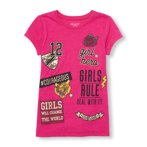 Girls Short Sleeve Glitter Girl Power Statement Patch Graphic Tee
