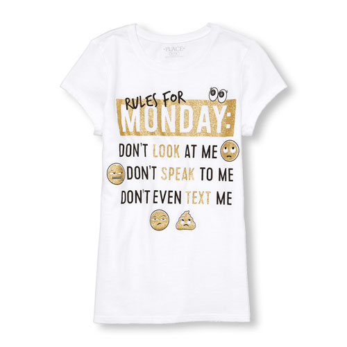 Girls Short Sleeve Glitter 'Rules For Monday' Emoji Graphic Tee