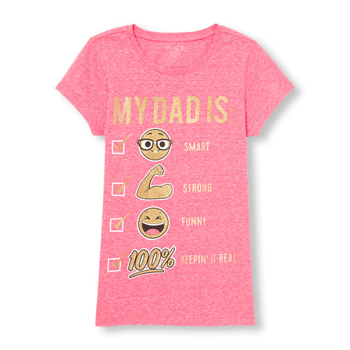 Girls Short Sleeve Glitter 'Dad Is Smart Strong Funny Keepin' It Real' Emoji Checklist Neon Graphic Tee
