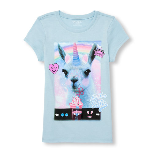 Girls Short Sleeve Glitter 'My Fav Selfie' Unicorn Snapchat Graphic Tee