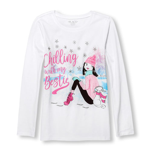 Girls Long Sleeve Glitter 'Chilling With My Bestie' Winter Fashionista Graphic Tee