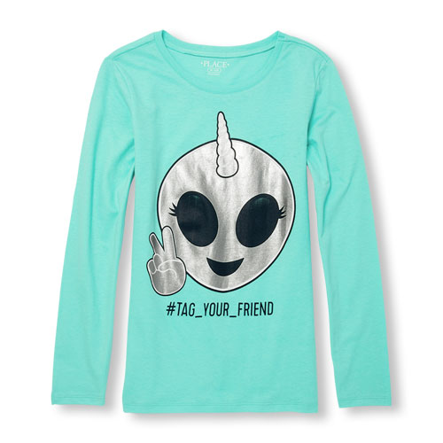 Girls Long Sleeve 'Tag Your Friend' Unicorn Alien Emoji Graphic Tee