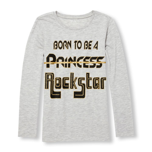 Girls Long Sleeve Glitter 'Born To Be A Princess (crossed out) Rockstar' Graphic Tee