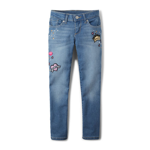 Girls Embellished Patch Super Skinny Jeans - Faded Indigo Wash