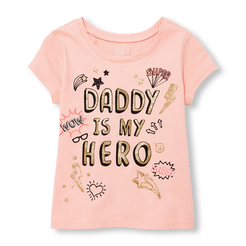 Toddler Girls Short Sleeve Glitter 'Daddy Is My Hero' Doodle Graphic Tee