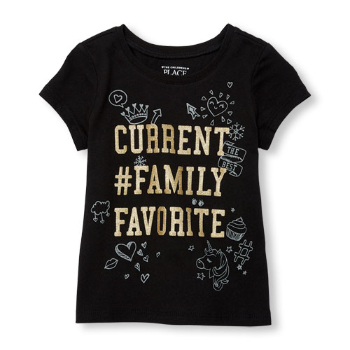 Toddler Girls Short Sleeve Glitter 'Current #Family Favorite' Doodle Graphic Tee