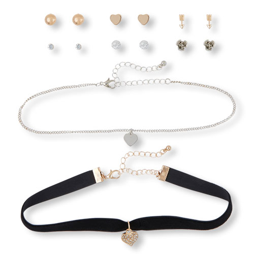 Girls Silver And Gold Choker Necklace And Earrings 8-Pack