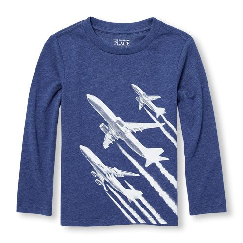 Toddler Boys Long Sleeve Airplane Takeoff Graphic Tee
