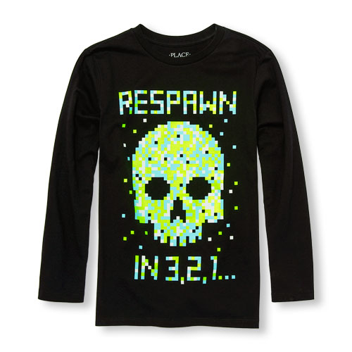 Boys Long Sleeve Neon 'Respawn in 3, 2, 1' Digital Skull Graphic Tee