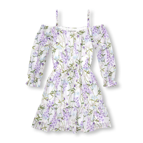 Girls Long Sleeve Lilac Print Cold-Shoulder Woven Dress
