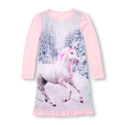 Girls Long Sleeve Glitter Unicorn Ruffle Nightgown