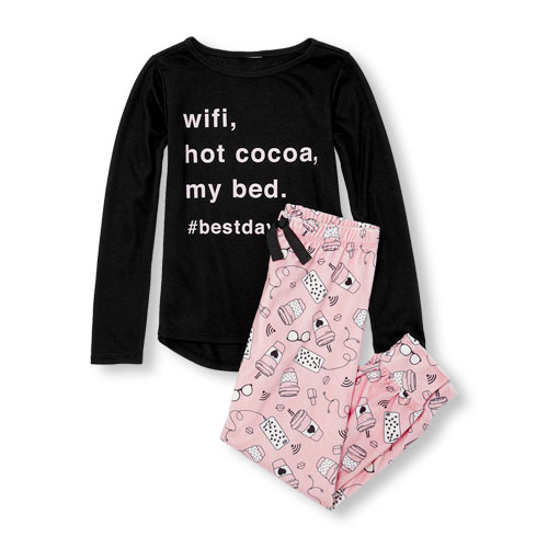 Girls Long Sleeve 'Wi-Fi, Hot Cocoa, My Bed. Best Day Ever' Top And Printed Glacier Fleece Pants PJ Set