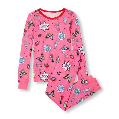 Girls Long Sleeve Patch Print Top And Pants PJ Set