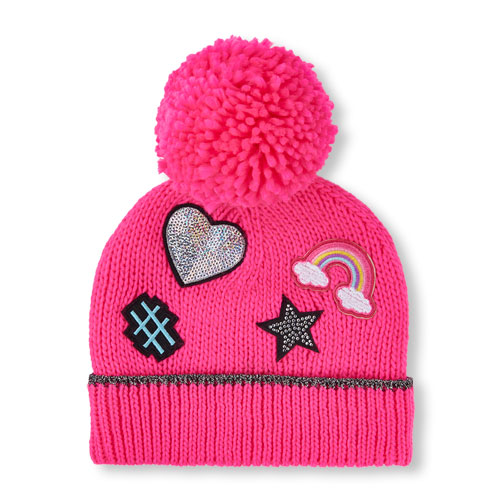 Girls Embellished Patch Pom Pom Beanie