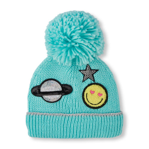 Girls Embellished Patch Pom Pom Beanie
