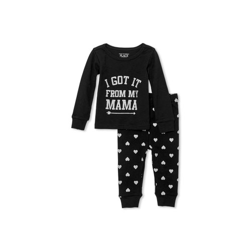 Baby And Toddler Girls Long Sleeve Glitter 'I Got It From My Mama' Top And Heart Printed Pants PJ Set