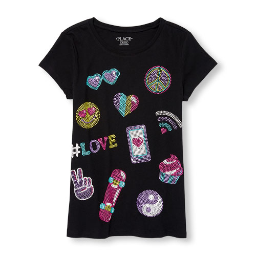 Girls Short Sleeve Dot Emoji Puff Graphic Tee