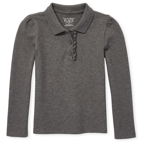 

s Toddler Uniform Long Sleeve Ruffle Pique Polo - Gray - The Children's Place