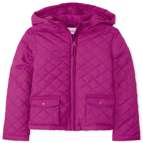 Girls Off White Taffeta Quilted Zipper Jacket