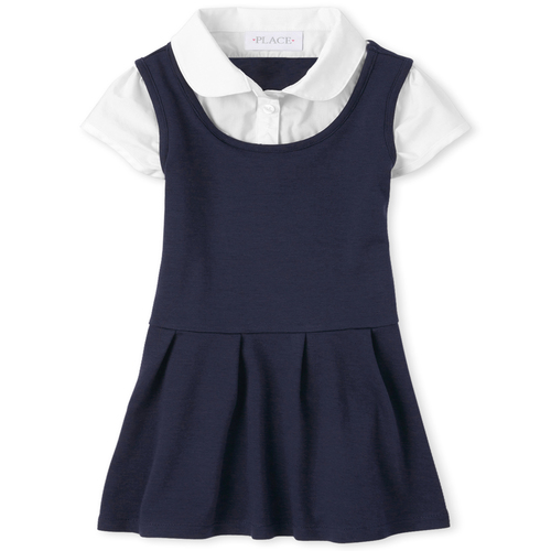 Girls Uniform Short Sleeve Ponte Knit 2 In 1 Dress