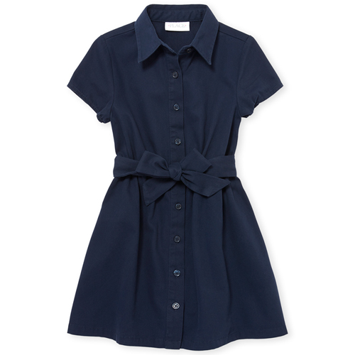 Girls Uniform Short Sleeve Button-Front Belted Woven Safari Dress