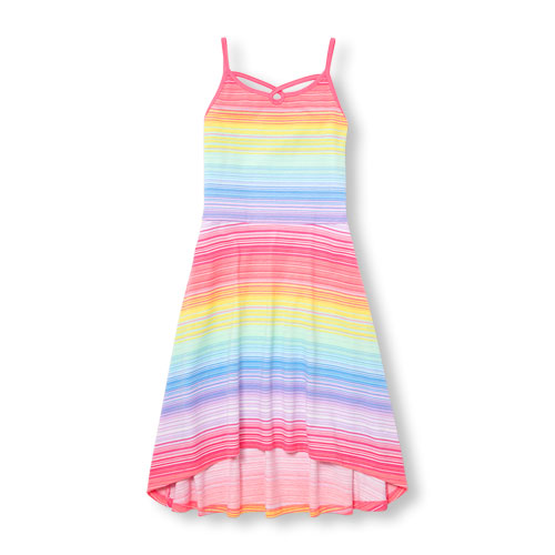 Girls Sleeveless Striped Knit Hi-Low Dress