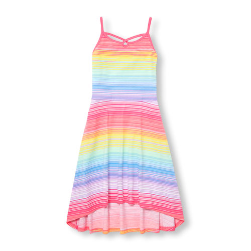 Girls Sleeveless Striped Knit Hi-Low Dress