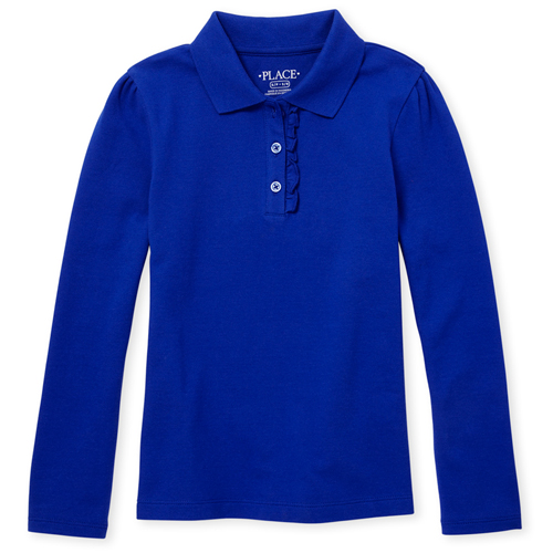 

s Uniform Long Sleeve Ruffle Pique Polo - Blue - The Children's Place