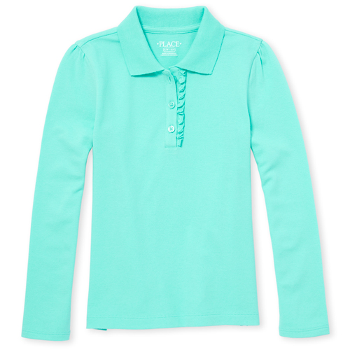 

Girls Uniform Long Sleeve Ruffle Pique Polo - Blue - The Children's Place