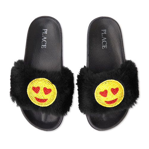 girls rhinestud emoji faux fur slides