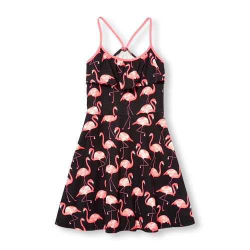 Girls Sleeveless Flamingo Print Ruffle Racer-Back Dress