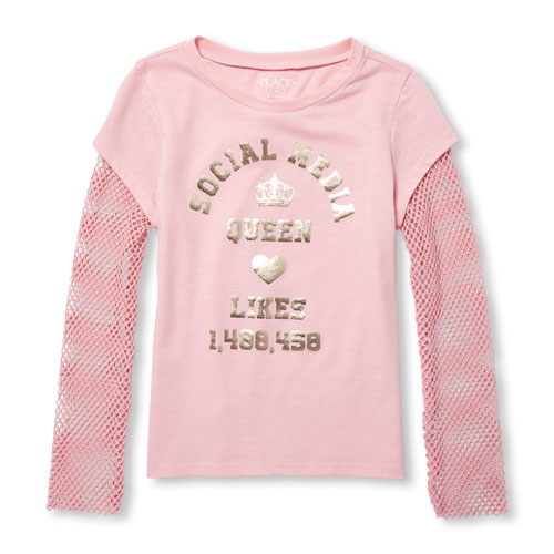 

Girls Active Long Mesh Sleeve Foil 'Social Media Queen' Graphic Top - Pink - The Children's Place