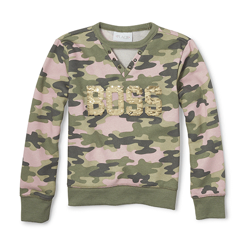 Girls Active Long Sleeve Cut-Out Neck Flip Sequin 'Boss' Camo Pullover