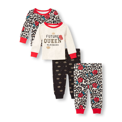 Baby And Toddler Girls Long Sleeve Glitter 'Future Queen Hashtag Like Mama' Tops And Printed Pants 4-Piece Snug-Fit PJ Set
