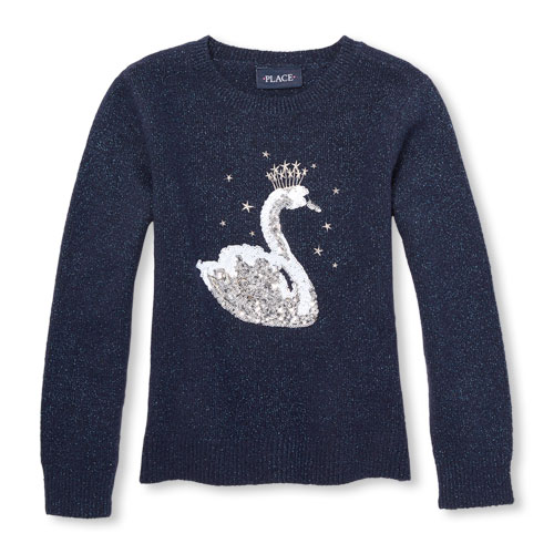 

Girls Long Sleeve Sequin Graphic Metallic Sweater - Blue - The Children's Place