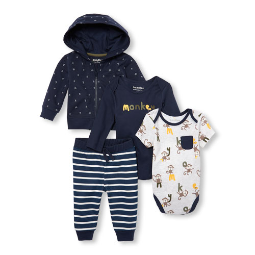 Baby Boys Monkey ABC Hoodie, Bodysuits And Striped Pants 4-Piece Playwear Set