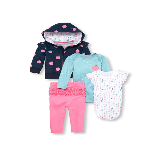 Baby Girls Apple Print Hoodie, ABC Bodysuits And Leggings 4-Piece Playwear Set