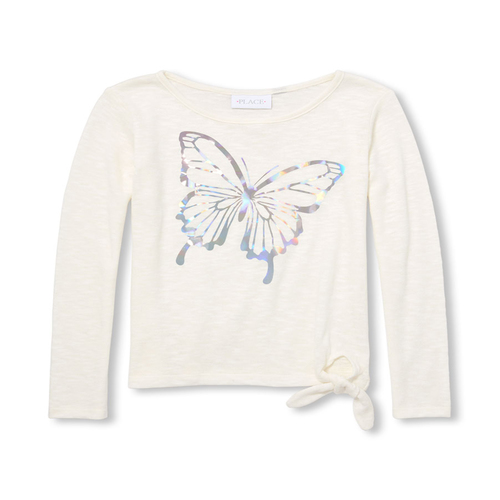 

Girls Long Sleeve Foil Graphic Lightweight Sweater Tie Front Top - White - The Children's Place