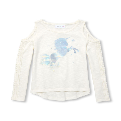 

Girls Long Sleeve Foil Graphic Lightweight Sweater Cold Shoulder Top - White - The Children's Place